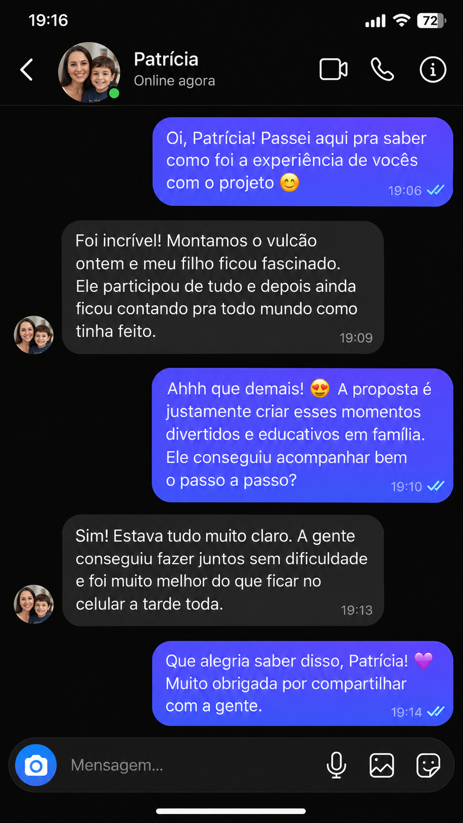 Conversa com Patrícia: mãe e filho construíram um vulcão seguindo o passo a passo.