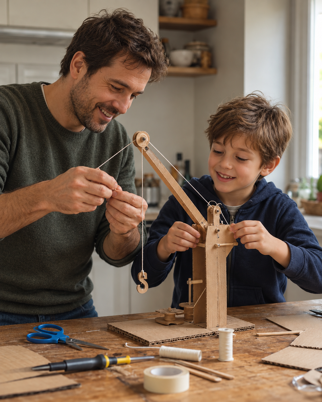 Pai e filho construindo um guindaste de papelão
