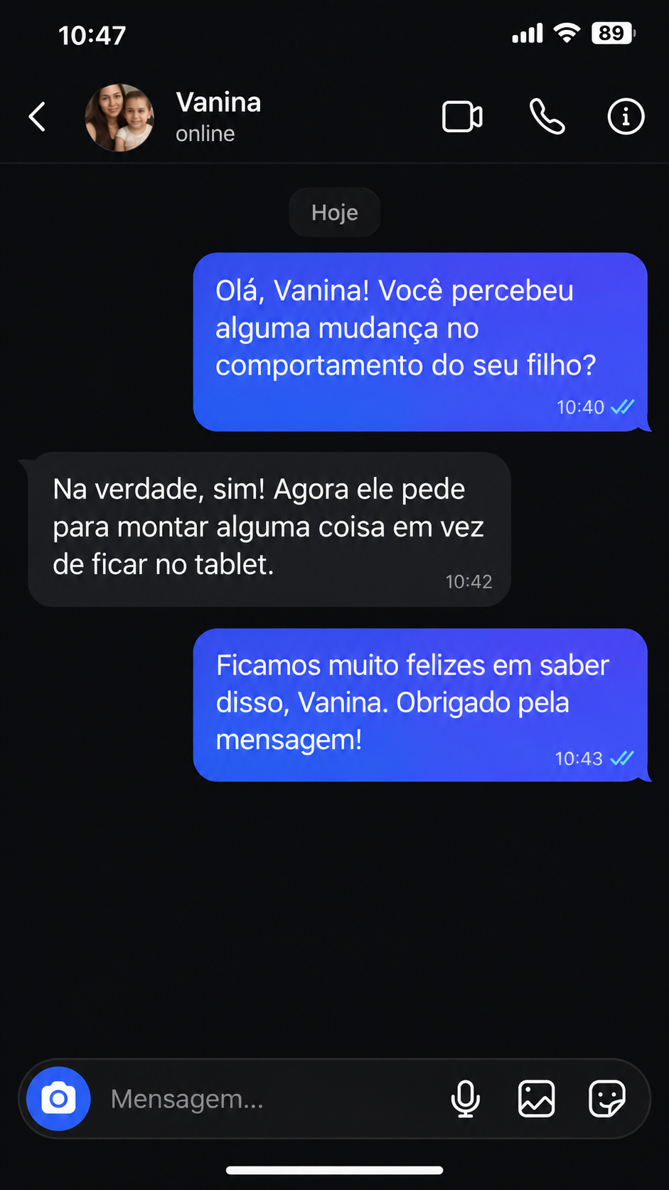 Conversa com Vanina: seu filho passou a pedir para construir em vez de ficar no tablet.